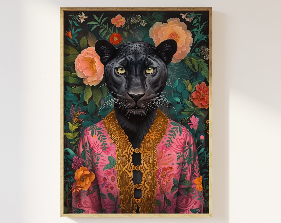 Panther Art Print, Maximalist Eclectic Floral Portrait