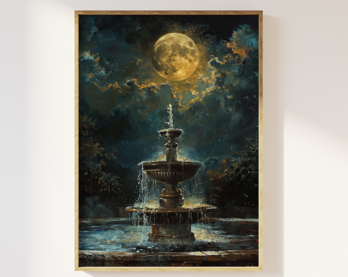 Full Moon Above Water Fountain Art Print, Vintage
