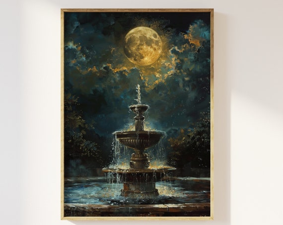Full Moon Above Water Fountain Art Print, Vintage
