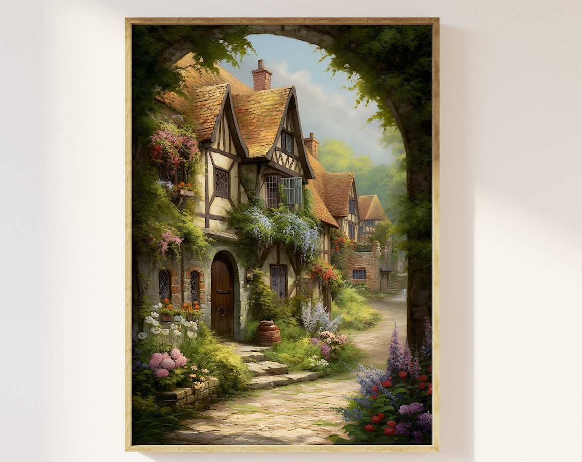 Old English Cottages Village Scene Art Print, Cottagecore