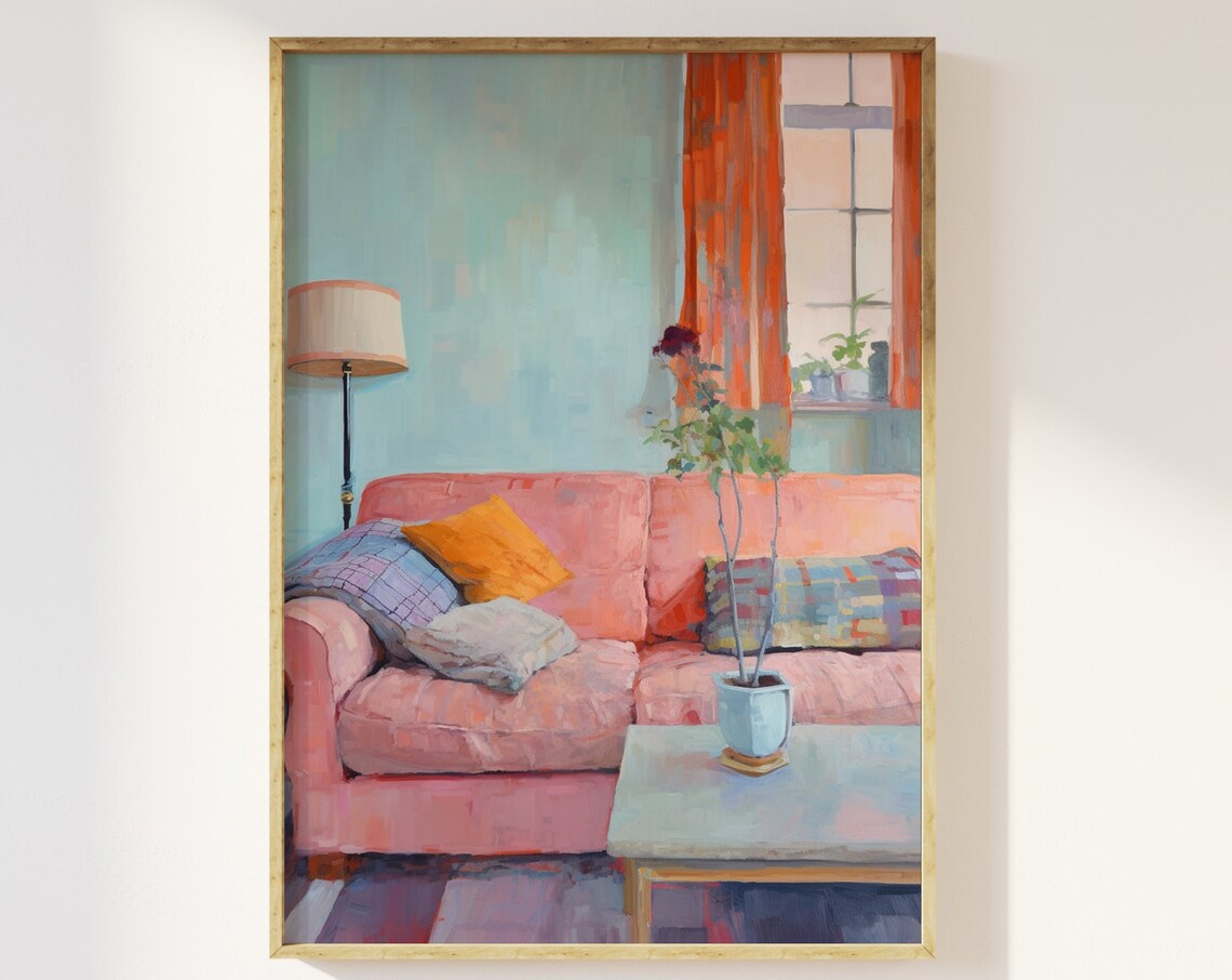Cozy 1970s Style Pastel Living Room Pink Sofa Retro Art Print