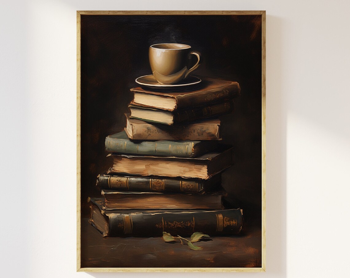 Books And Coffee Cup Art Print, Dark Academia