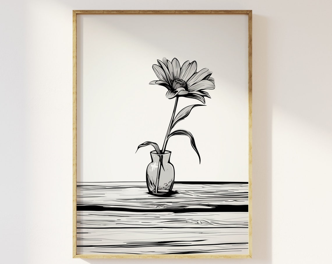 Lone Daisy Flower in Vase Black and White Ink Sketch Art Print