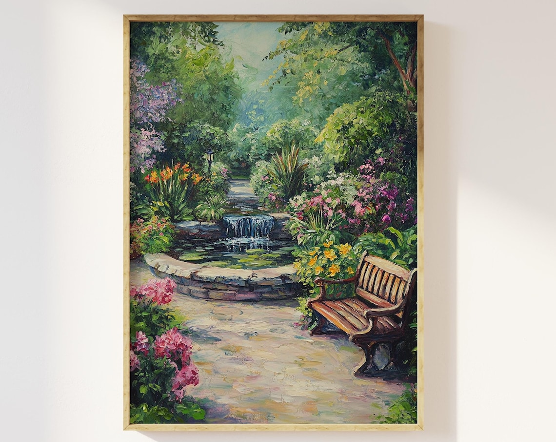 English Cottage Garden Stone Pond Waterfall and Bench Art Print