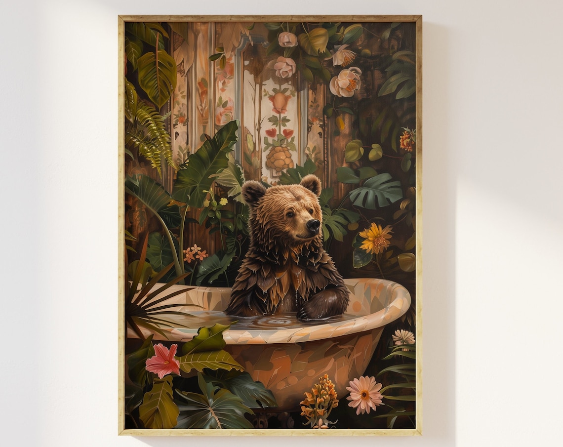 Brown Bear In Jungle Bathroom Wall Art Print