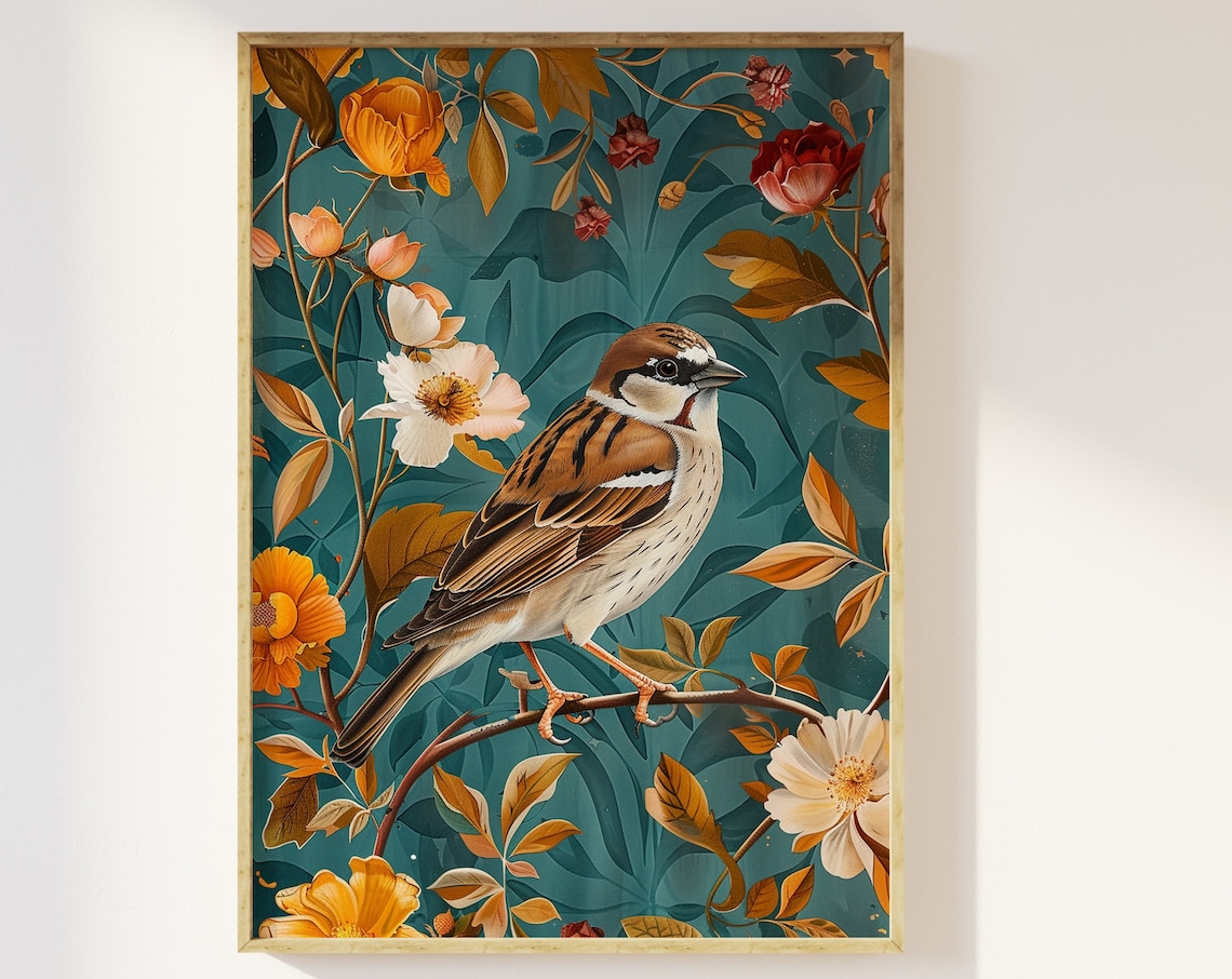 Sparrow and Traditional Foliage Art Print