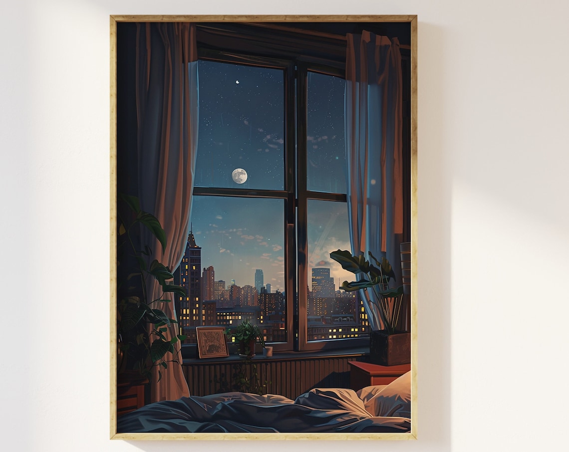 Nightfall View of the City Through a Window Art Print