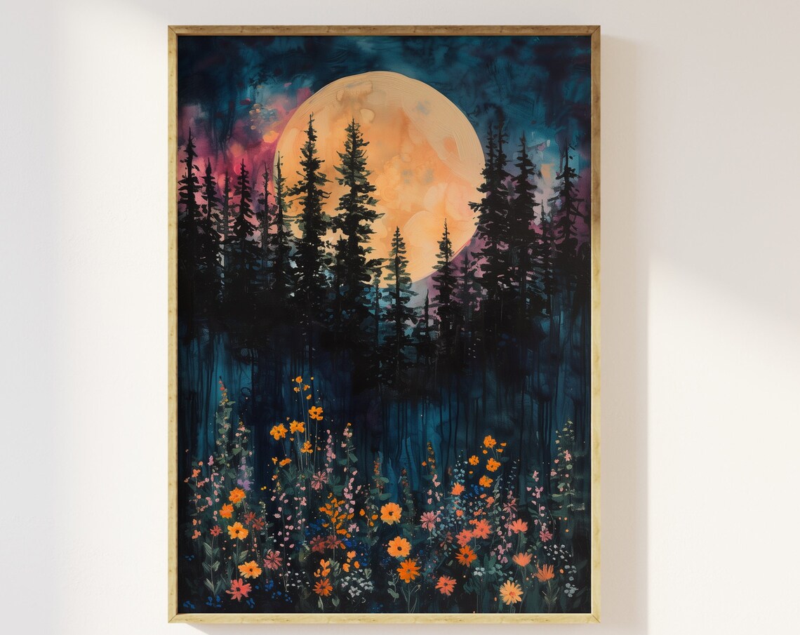 Moon Above the Pine Tree Woodland, Art Print