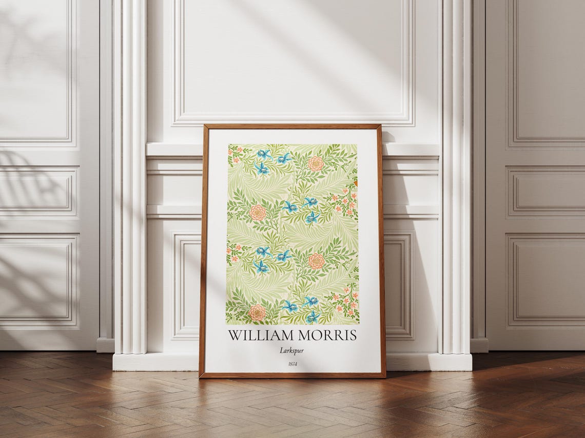 William Morris Larkspur Green Blue Floral Pattern Exhibition Wall Art - Image 5