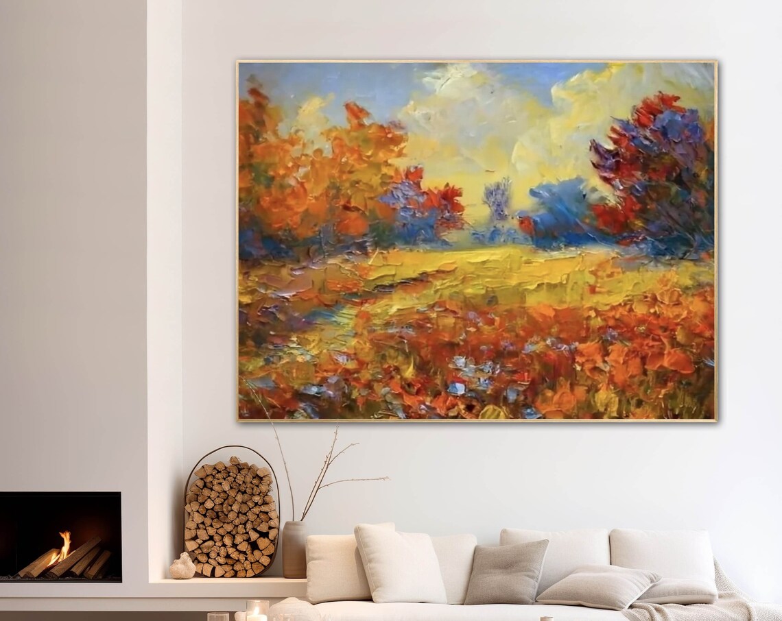 Autumn Countryside Field With Orange Trees Impasto Art Poster