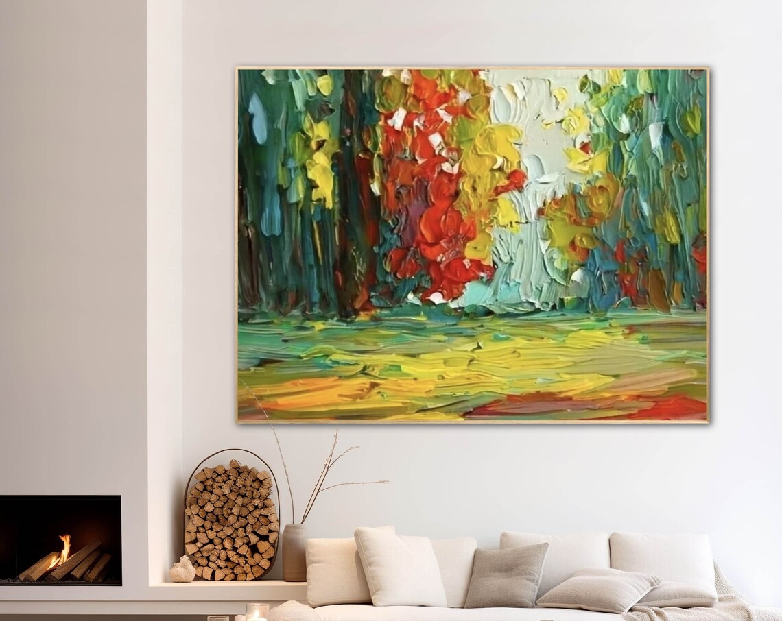 Colorful Forest Edge in Green and Red Impasto Landscape Poster