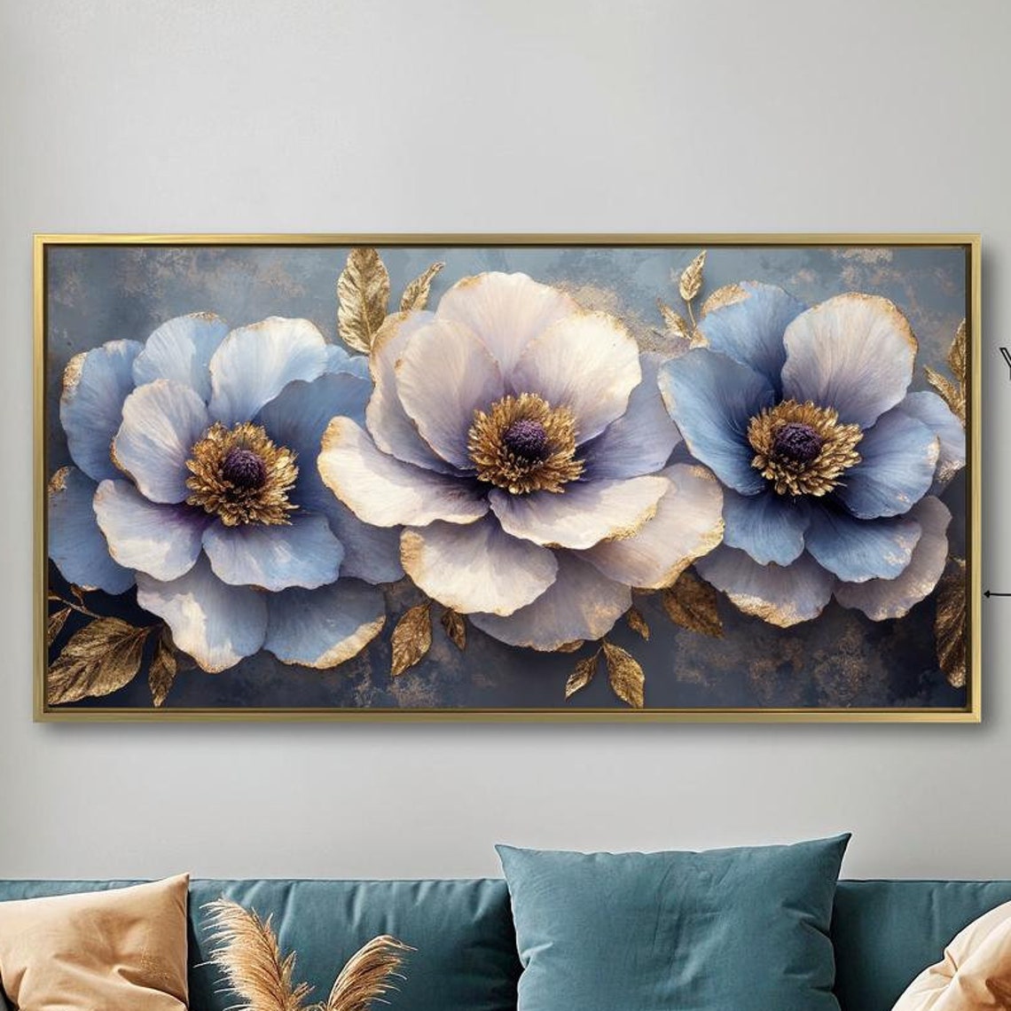 Blue And White Lush Flowers Panoramic Floral Painting Wall Poster