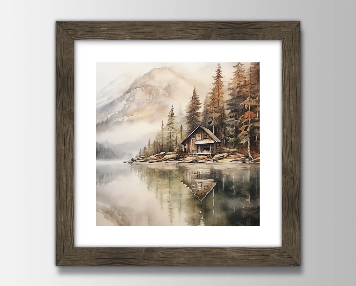 Lakeside Cabin Reflection Pine Trees Still Water Watercolor Poster - Image 3