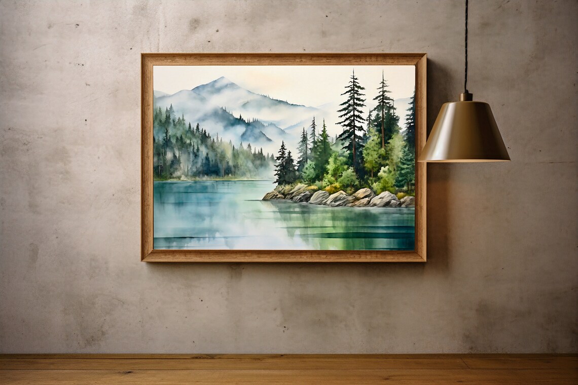 Mountain Lake Watercolor Pine Tree Wall Art Print - Image 4