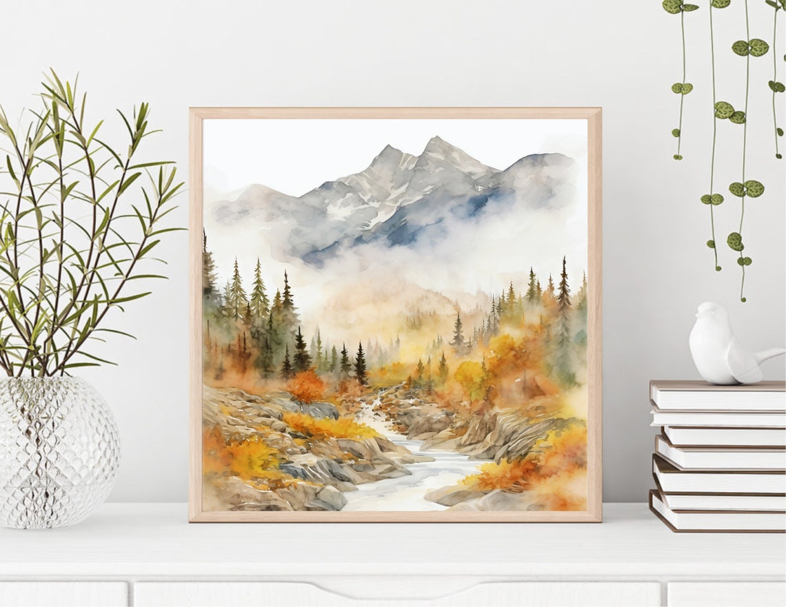 Autumn Mountain Valley Golden River Watercolor Nature Art Poster - Image 2