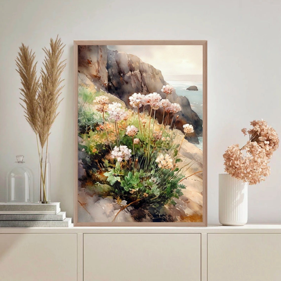 Isle of Skye Coastal Cliffs White Sea Thrift Flowers Art Poster - Image 2