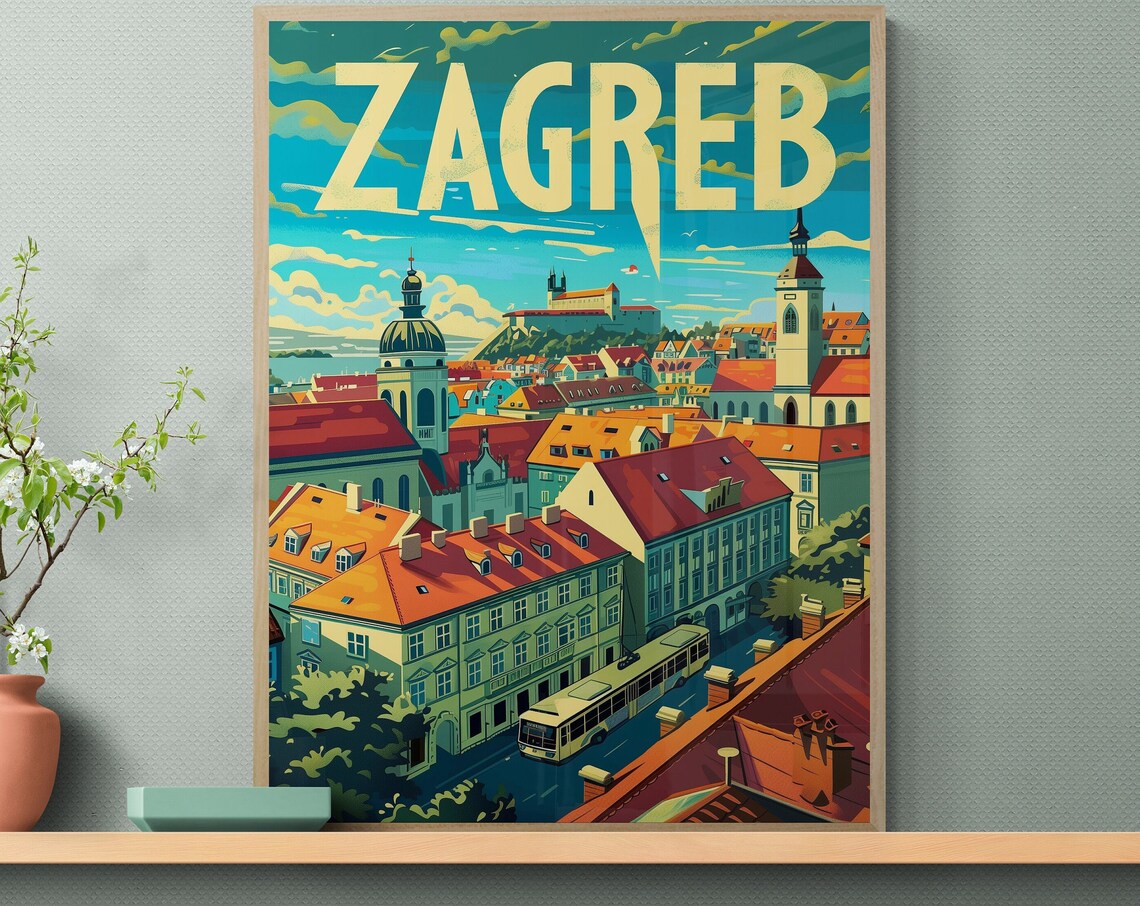 Zagreb Old Town Tram and Castle Hill Vintage City Travel Poster - Image 2