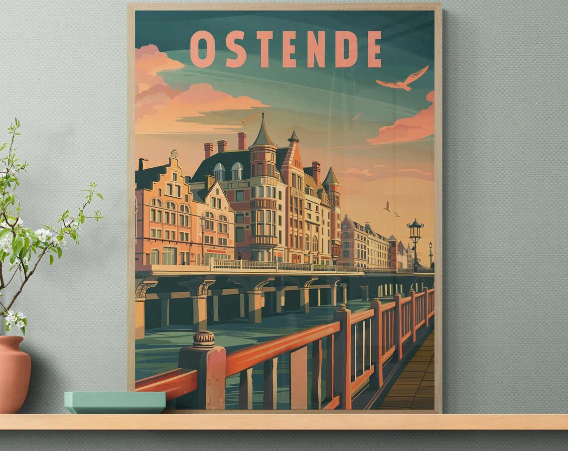 Ostend Belgium Waterfront Promenade Pier Sunset Sky Travel Poster - Image 3