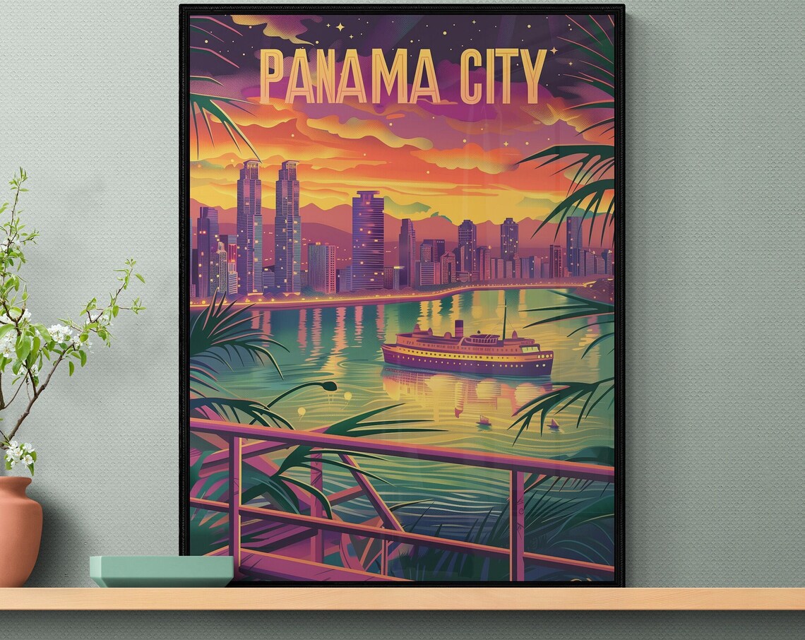 Panama City Night Harbor Ship and Skyline Sunset Vintage Travel Poster - Image 2