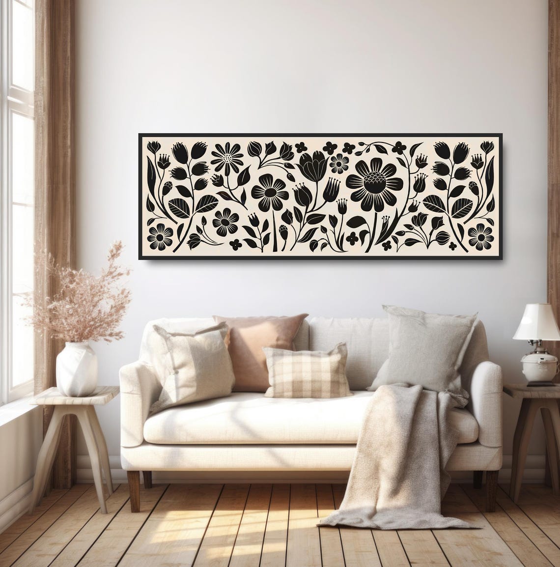Black Beige Daisy Tulip Pattern Folk Botanical Minimalist Print - Image 5