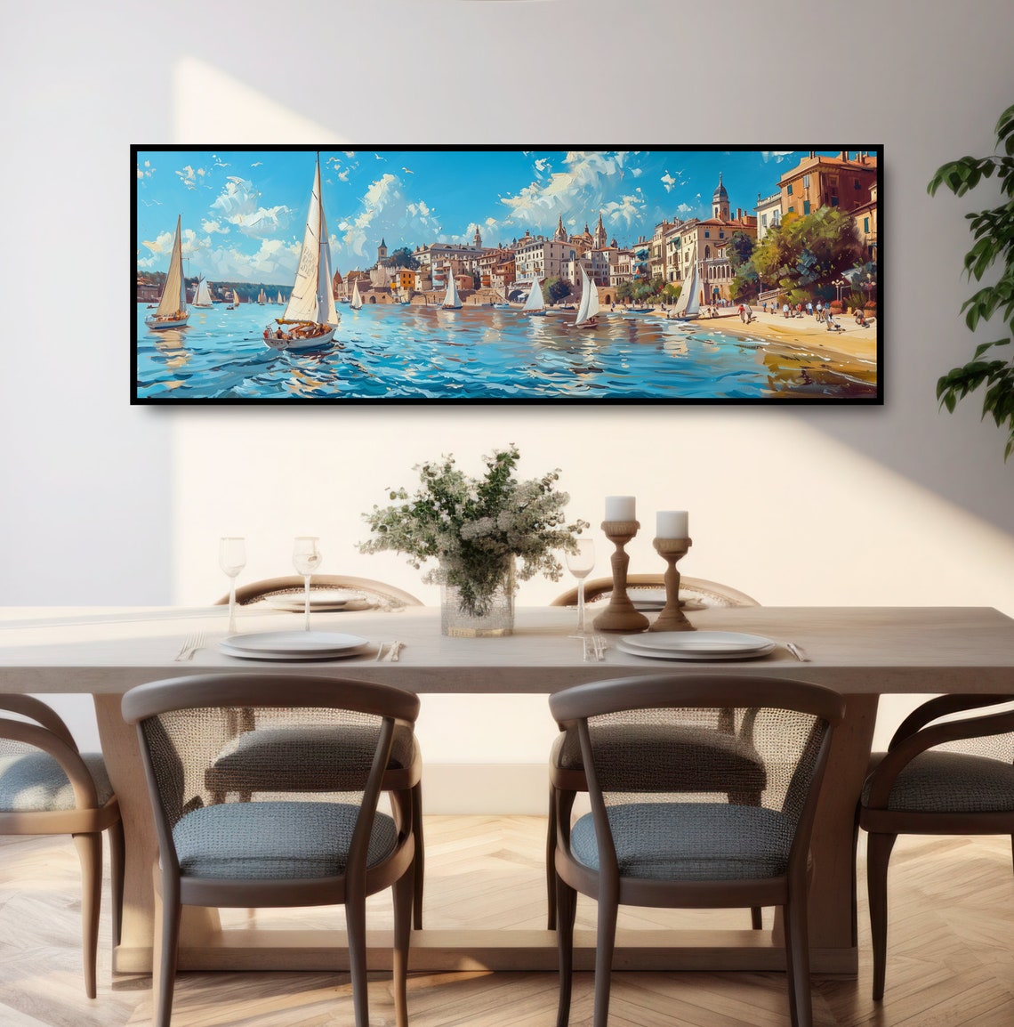 Mediterranean Coastal Harbor Sailboats Sunny Seaside Town Art Poster - Image 3
