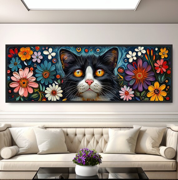 Mexican Folk Art Black Cat Colorful Flowers Psychedelic Garden Poster
