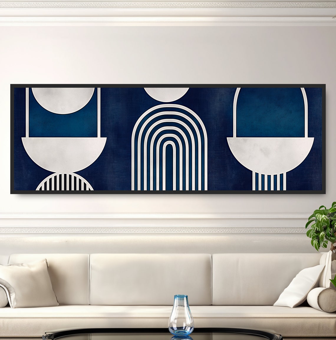 Navy Blue Art Deco Geometric Arches Stripes Elegant Wall Art Poster