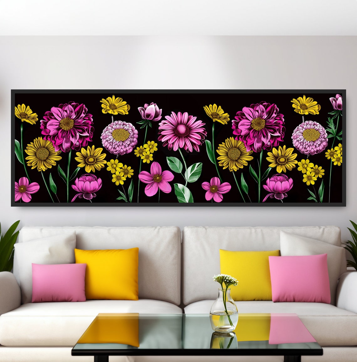 Pink Yellow Flowers Black Background Watercolor Floral Art Poster