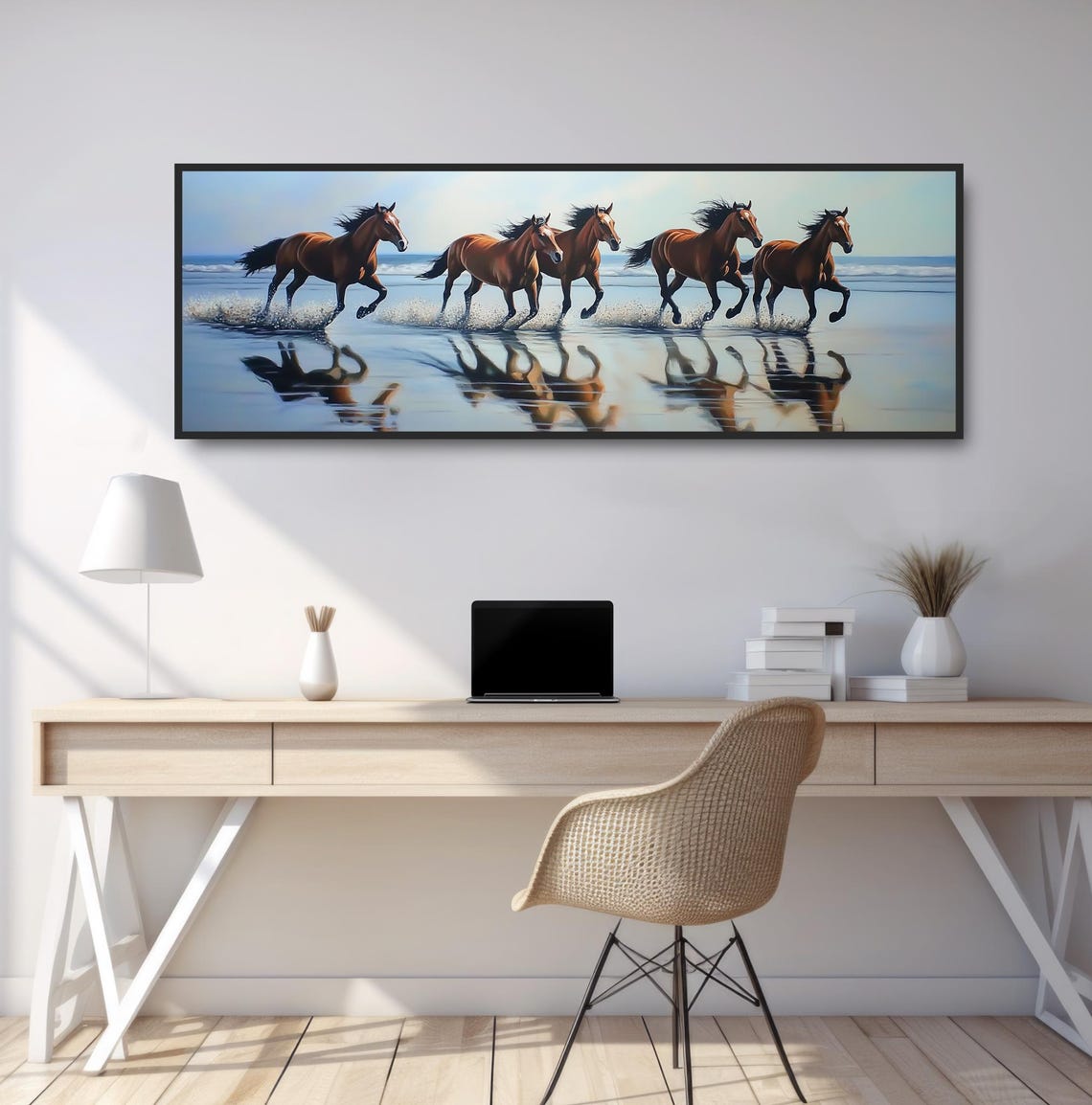 Five Chestnut Horses Running Shoreline Waves Splash Equine Print - Image 2