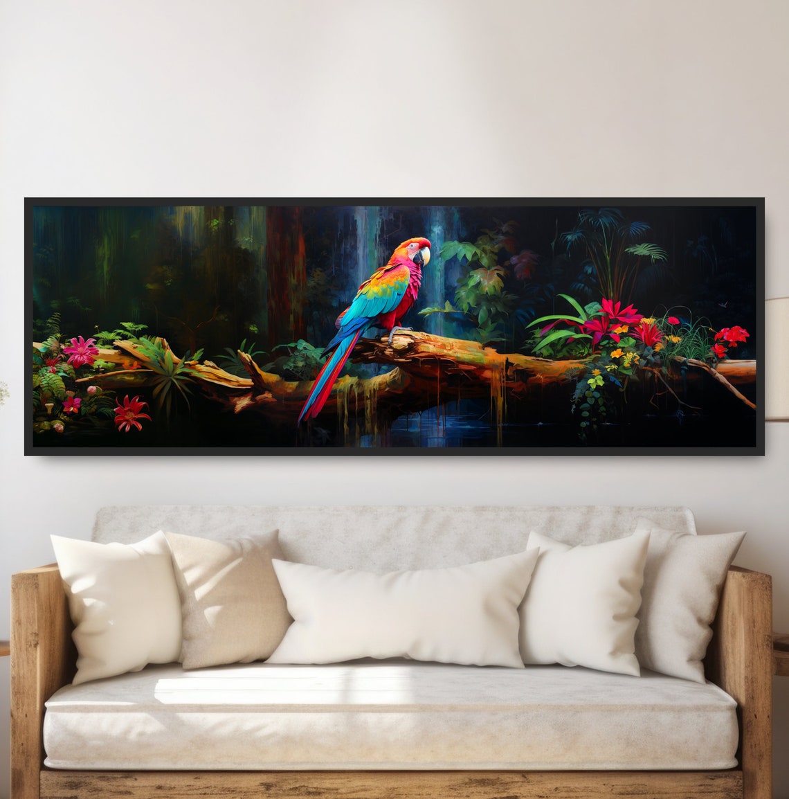 Scarlet Macaw Parrot Tropical Jungle Panoramic Vibrant Bird Wall Art
