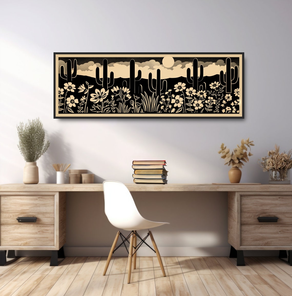 Desert Cactus Moon Silhouette Wildflower Minimalist Night Art Poster - Image 2