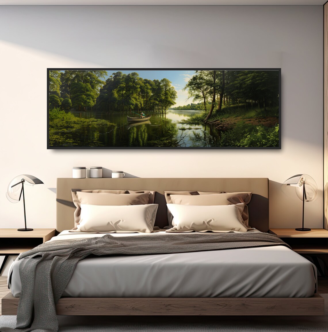 Gift For Fisherman Lake Fishing In A Canoe Panoramic Landscape Oil Painting Dark Green Lakehouse Decor Boat Tranquil Pond Calm River - Image 4