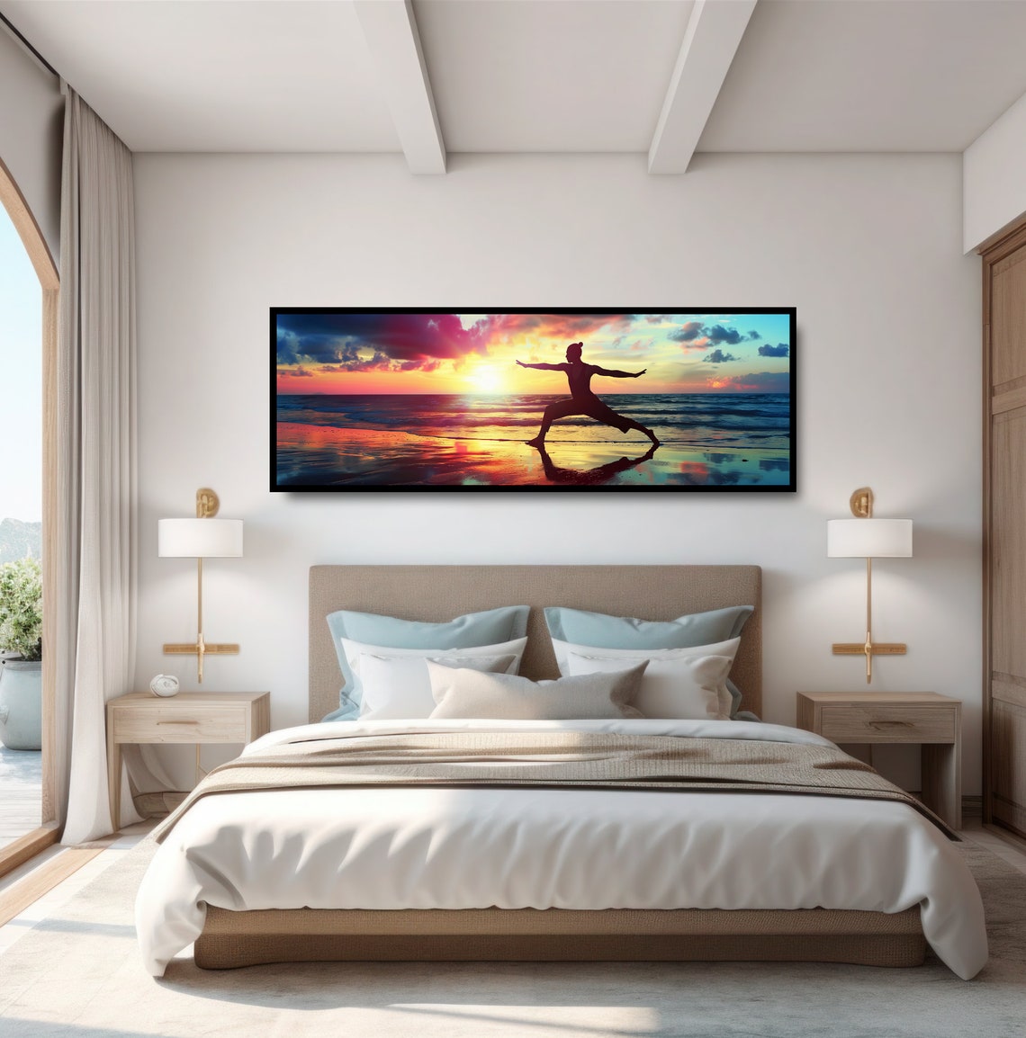 Beach Yoga Panoramic Sunrise Photograph Silhouette Warrior Pose Photo Zen Calm Ocean Sea Inspirational Fitness Art Sports Wall Decor - Image 4