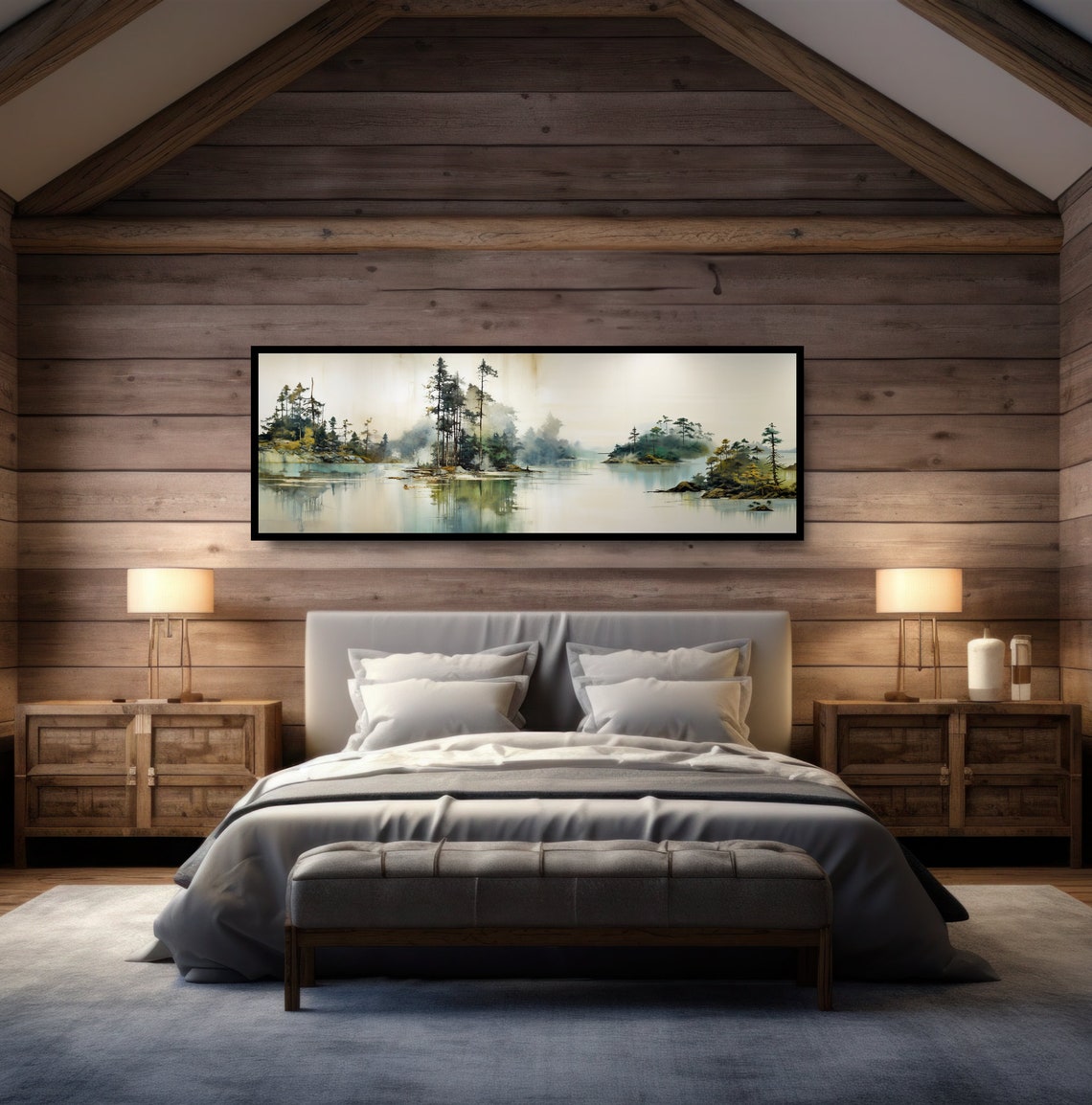 Misty Lake Islands Ink Wash Watercolor Panoramic Dreamy Pines Poster - Image 5