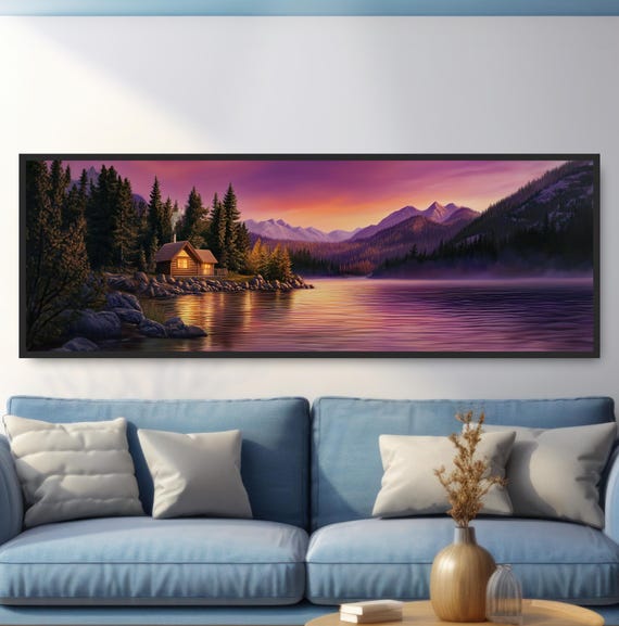 Rustic Log Cabin Painting Print Lakeside Mountain Landscape Art Purple Gold Sunset Cozy Nature Wall Decor Glowing Cottage Artwork