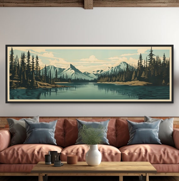 Arctic Mountain Lake Vintage Travel Print Panoramic National Park Lakehouse Style Bold Turquoise Teal Beige Lithograph Graphic Landscape