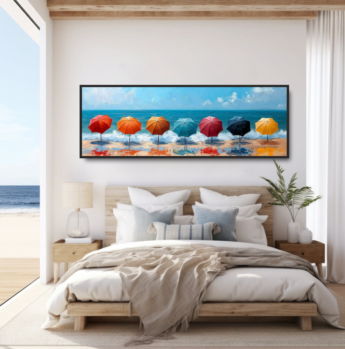 Colorful Beach Umbrellas Row Ocean Waves Summer Oil Painting Poster - Image 4
