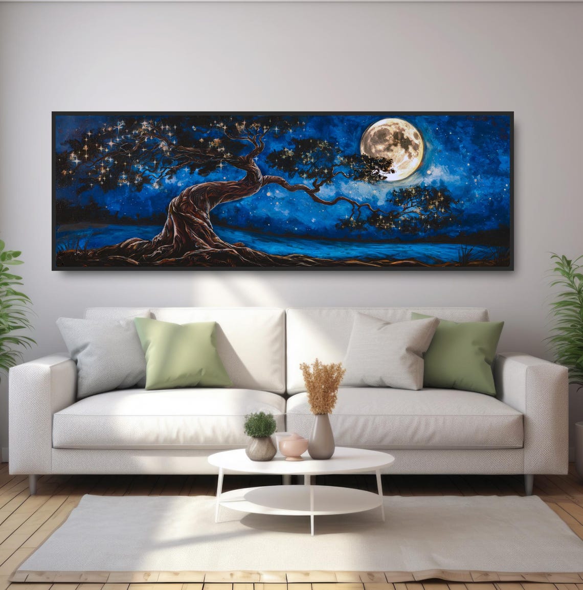 Twisted Tree Full Moon Night Painting Mystical Starry Sky Print - Image 5