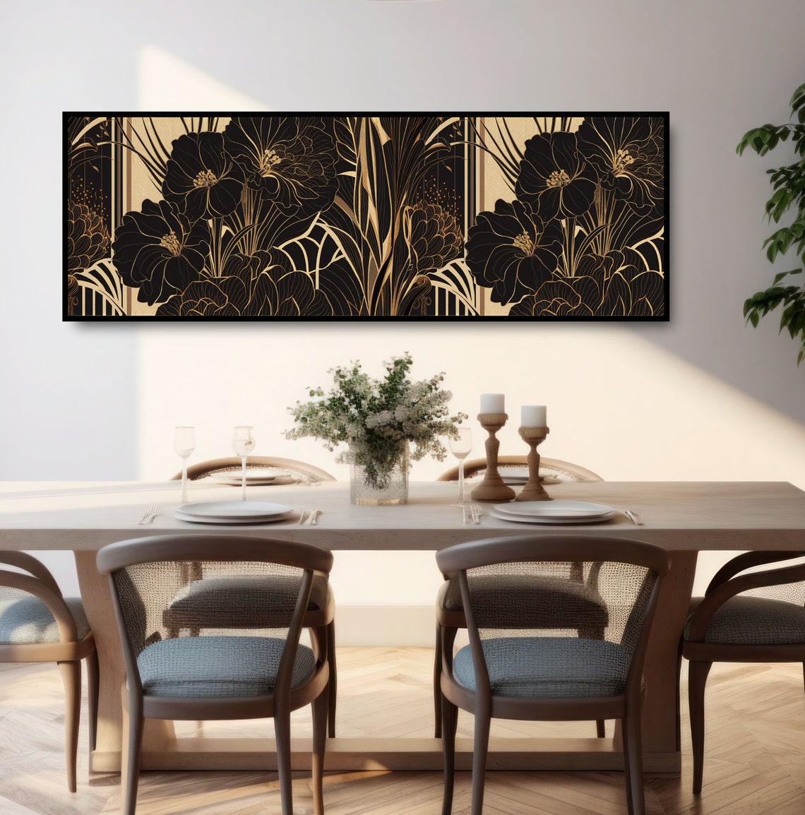 Art Deco Black Gold Floral Print Elegant Vintage Botanical Pattern - Image 3