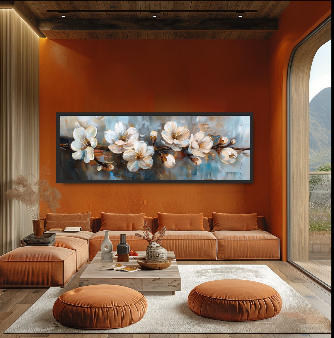White Cherry Blossom Branch Oil Painting Panoramic Floral Wall Art - Image 5