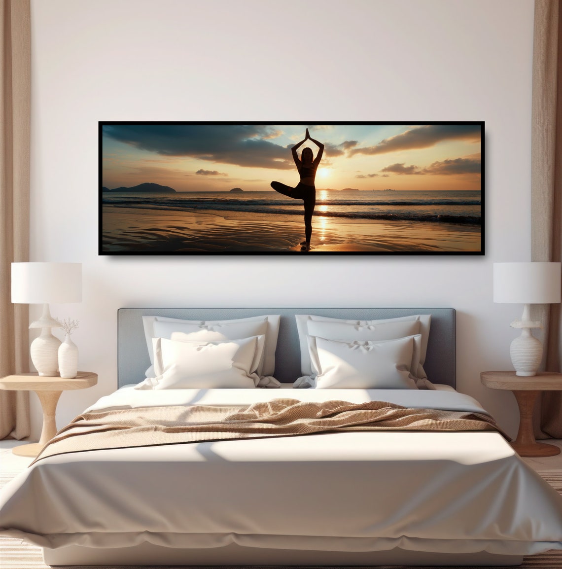 Beach Yoga Tree Pose Sunrise Silhouette Golden Ocean Panoramic Poster - Image 4