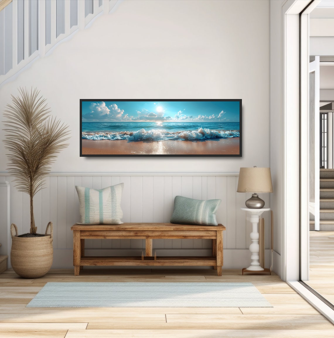 Beach Shoreline Sun Reflections Photograph Tropical Coastal Decor Blue Sky Waves Sand Clouds Shoreline Wall Art Panoramic Beachscape Photo - Image 2
