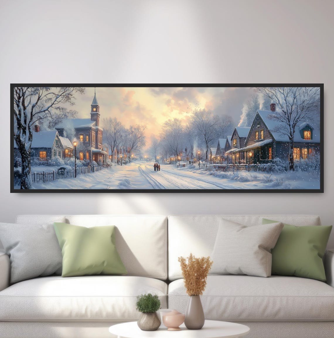 Snowy Winter Village Street Glowing Windows Cozy Christmas Art Poster