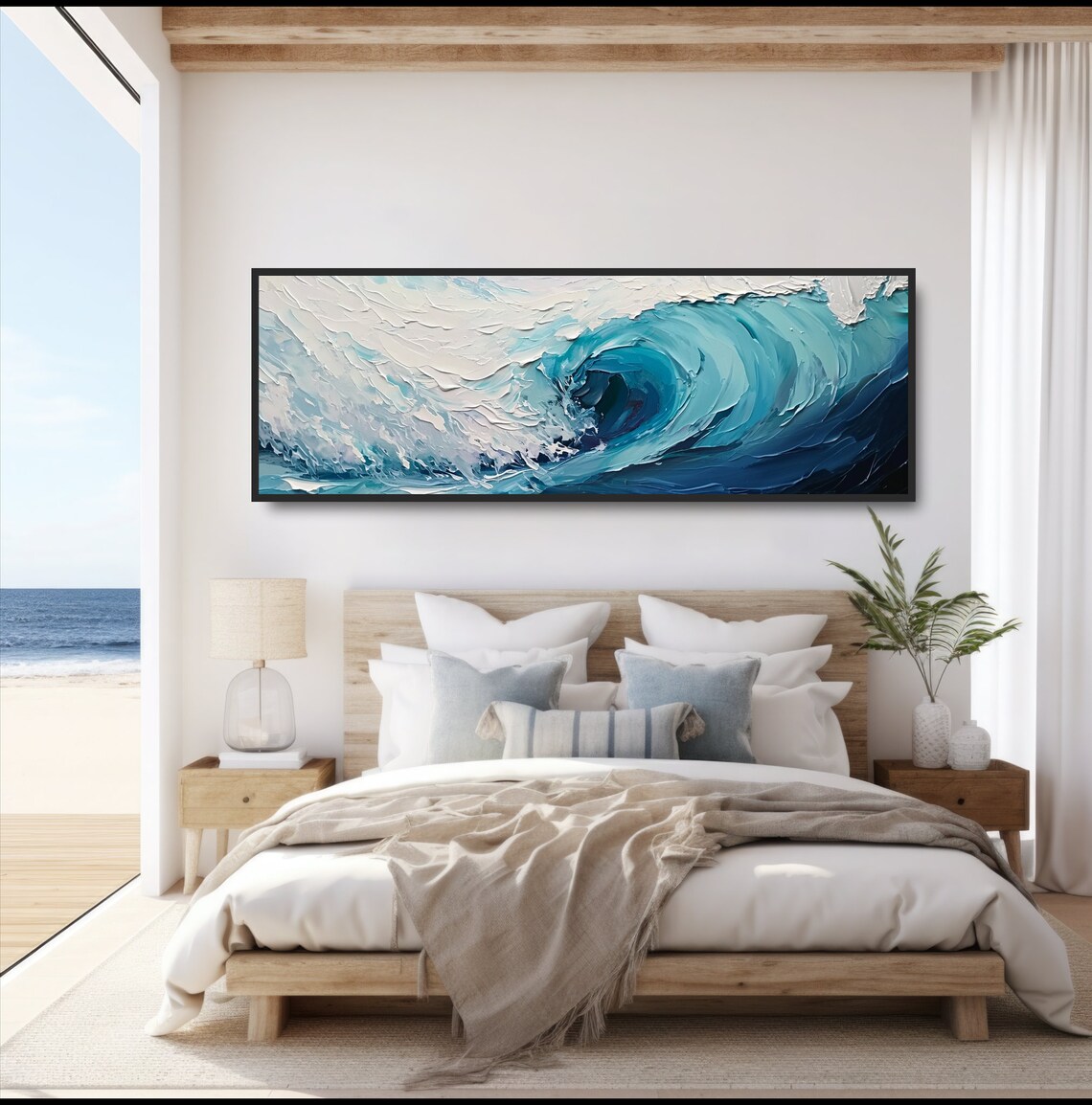 Blue Wave Curl Panoramic Beach House Art Print - Image 5