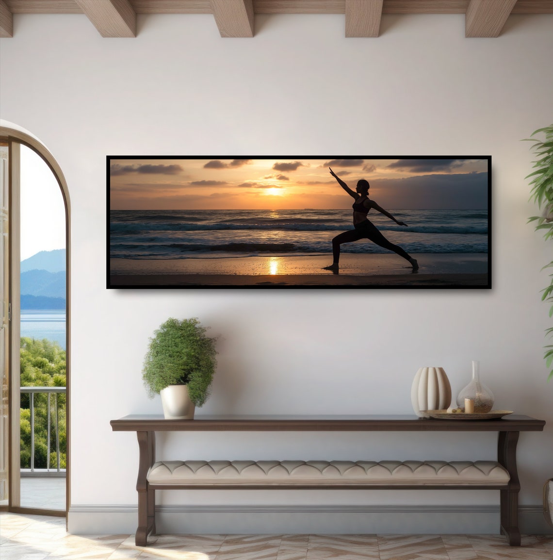 Beach Yoga Warrior Pose Sunrise Silhouette Zen Inspirational Poster - Image 2