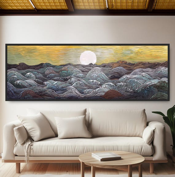 Abstract Ocean Waves Painting Minimalist Japanese Ukiyo E Print Zen Glowing Moon Seascape Tranquil Coastal Home Decor Panoramic