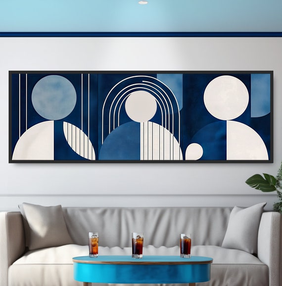 Geometric Abstract Family Painting Simple Minimalistic Human Shapes Bold Blue White Monochromatic Colors Panoramic Retro Art Deco Decor