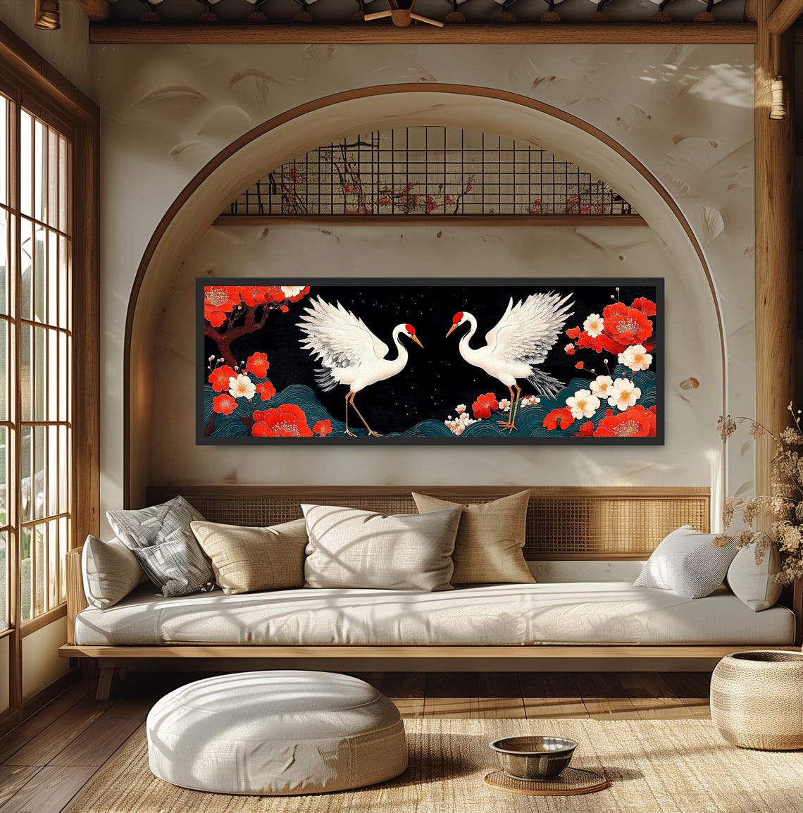 Two White Cranes Starry Night Camellia Flowers Japanese Art Print - Image 5