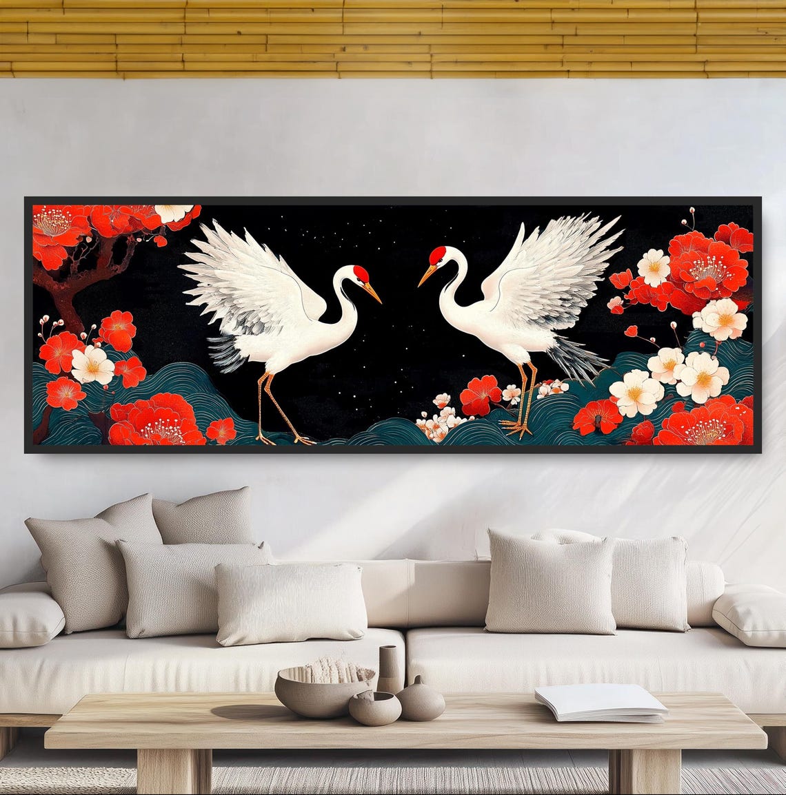 Two White Cranes Starry Night Camellia Flowers Japanese Art Print
