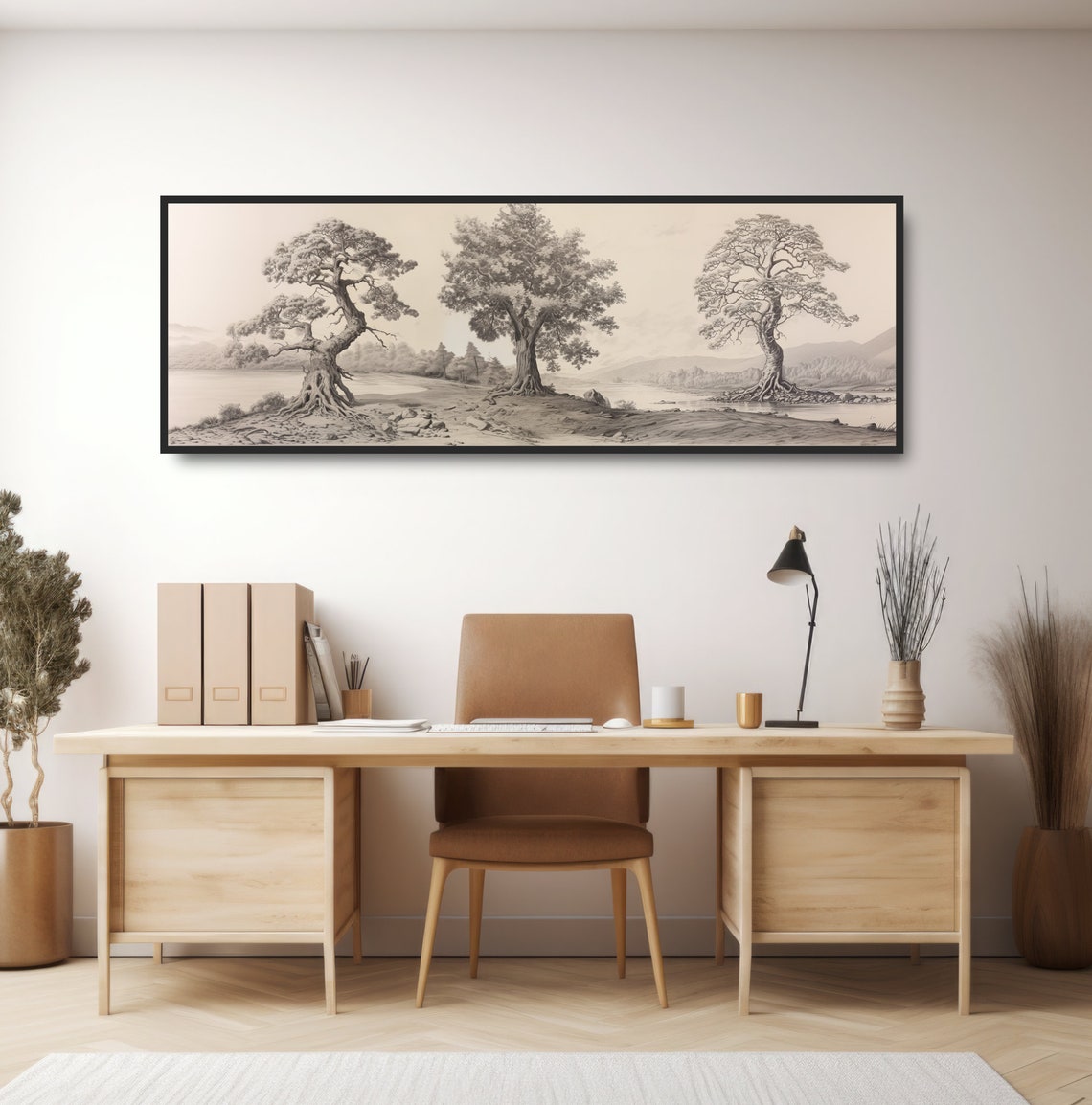 Three Trees Vintage Drawing Sepia Landscape Farmhouse Wall Art - Image 3